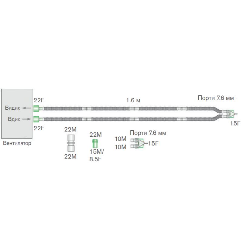 Дихальна система гофрована 10 мм (mm), неонатальна, 1,6 м (m)